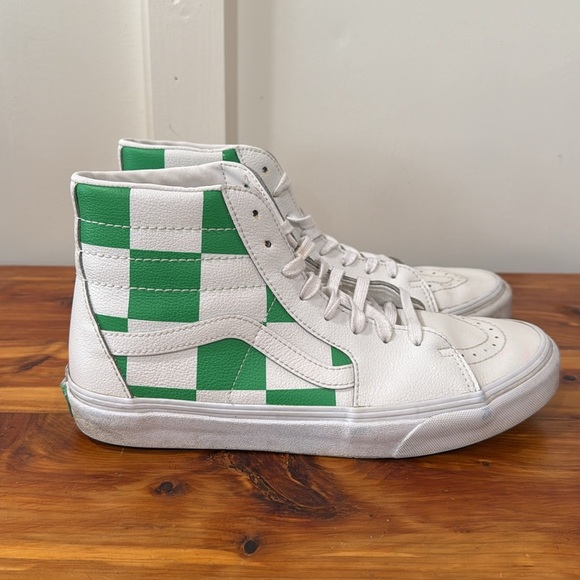 Vans Sk8-Hi Leather Check True White Fern Green Hi Top Sneakers - Picture 2 of 10